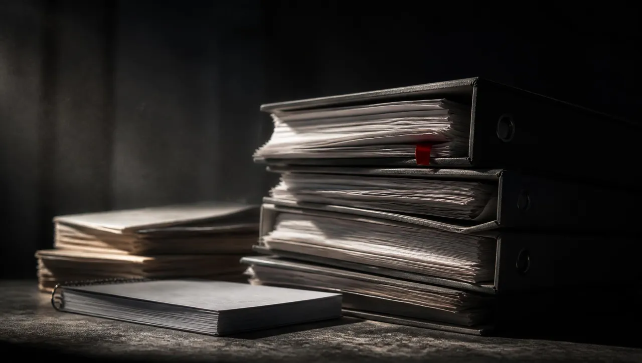 Stacked case files and deposition transcripts under hard side light